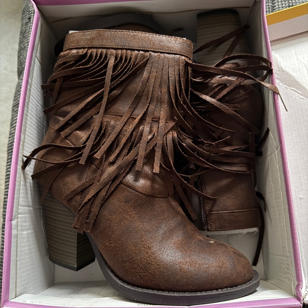 Soda Brown Fringe Ankle Booties - Picture 1 of 6